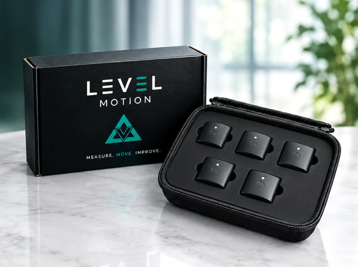 Level Motion box and carrying case containing five black motion-tracking sensor devices