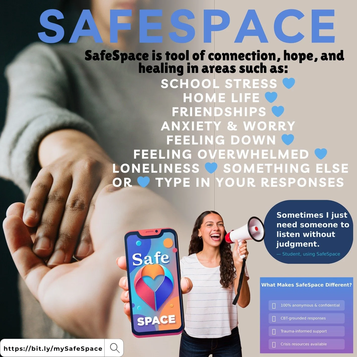 Be a Tester for the SafeSpace App!

Are you passionate about mental health and well-being? Join us as a tester for the SafeSpace App, designed to provide immediate, compassionate support for students who may feel alone. Your feedback will help us sha