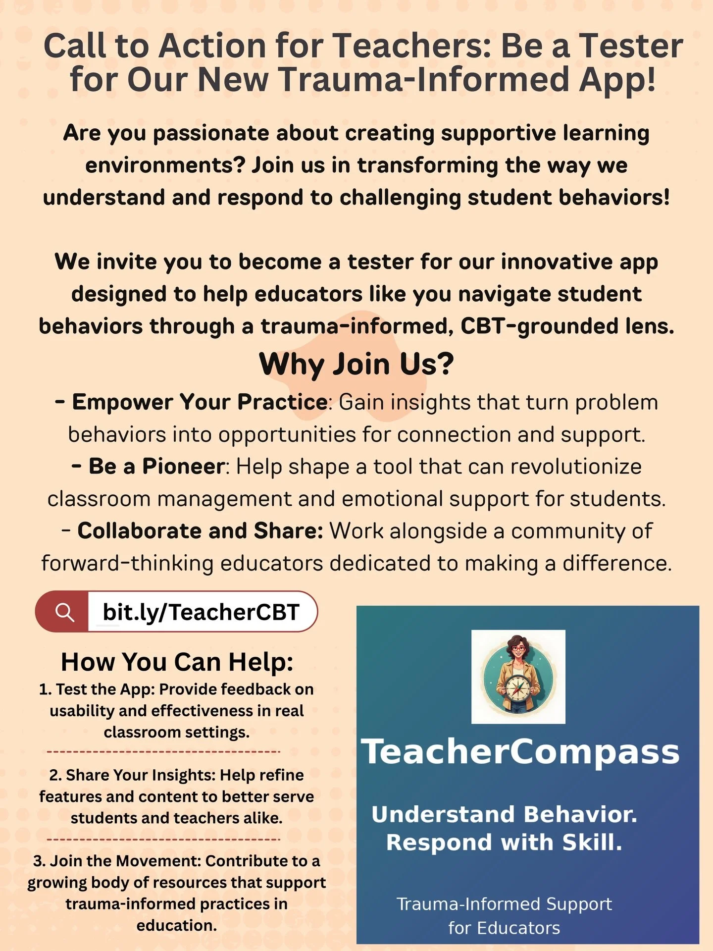 Call to Action for Teachers: Be a Tester for Our New Trauma-Informed App!

Are you passionate about creating supportive learning environments? Join us in transforming the way we understand and respond to challenging student behaviors!

https://bit.ly