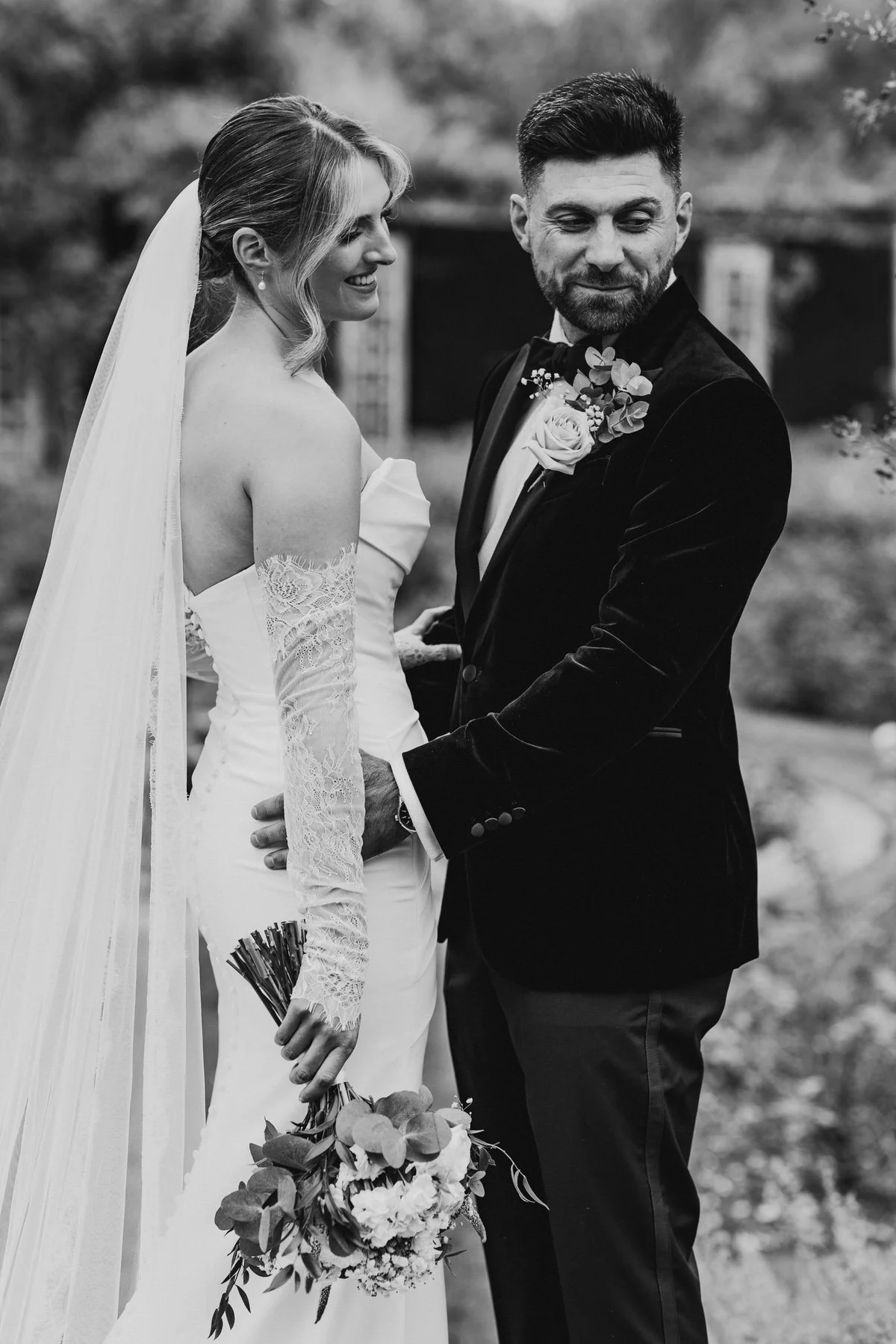 black and white bride and groom portraits