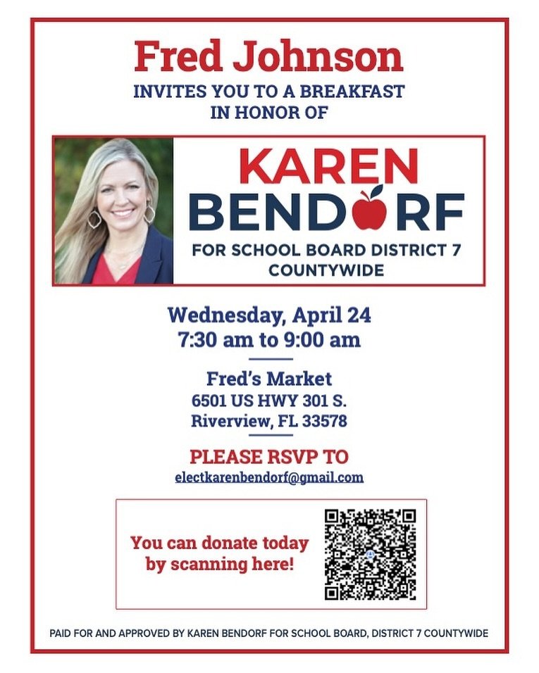 Join me on Wednesday, April 24, at Fred&rsquo;s Market to support my campaign and to learn more about how I will help our schools and students succeed. Thank you, Fred Johnson, for hosting this event and for your incredible support. 
&nbsp;
I look fo