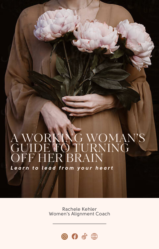 Woman in brown dress holding pink peonies with text overlay about a guide for working women, including social media icons below.