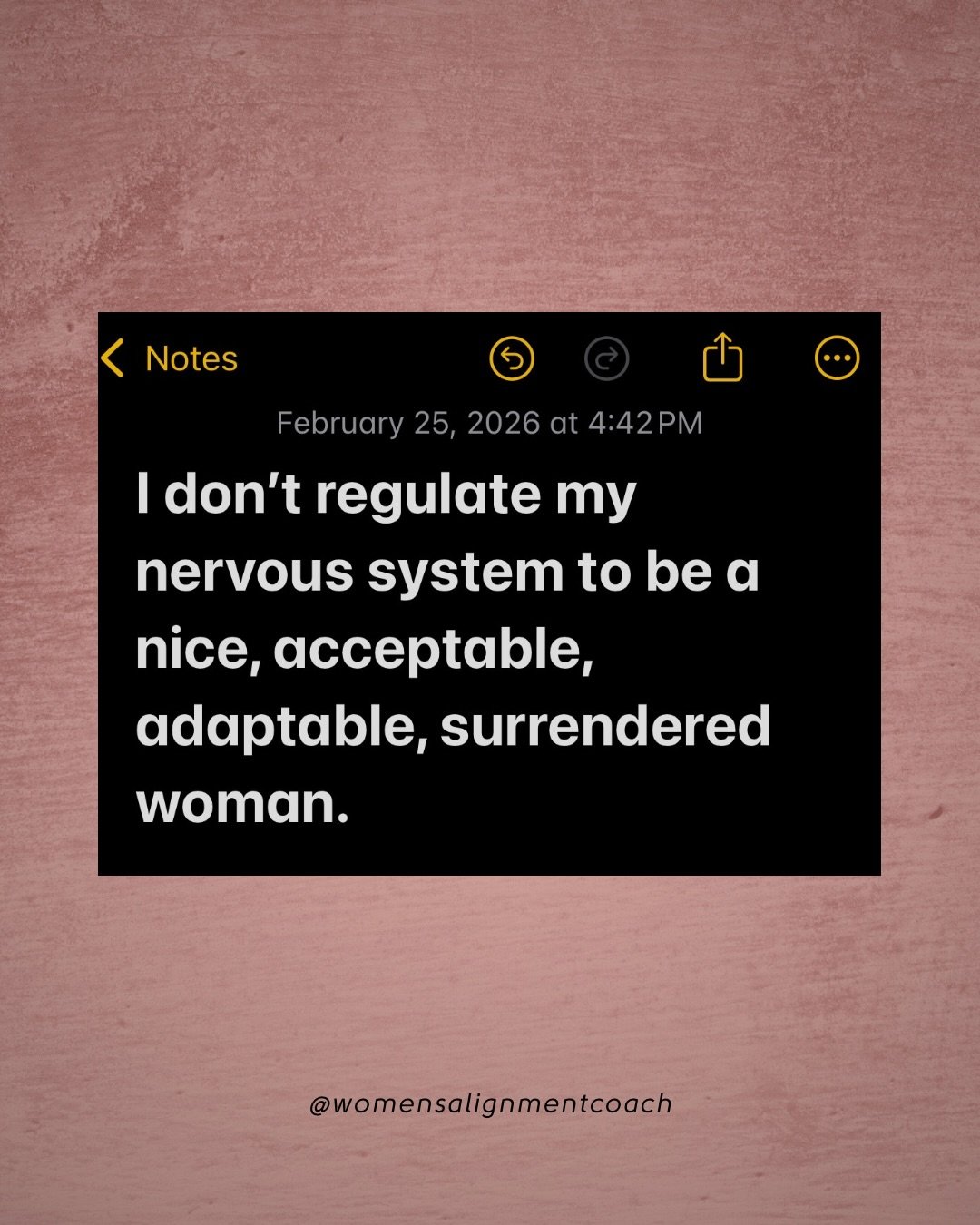 Screw regulation. 
It&rsquo;s not woman first.

It implies we are wrong, bad, or need fixing when we have EMOTIONS.

Reclaiming my nervous system is reclaiming what it means to be a wise woman in her full range of expression.

A woman aligned and att