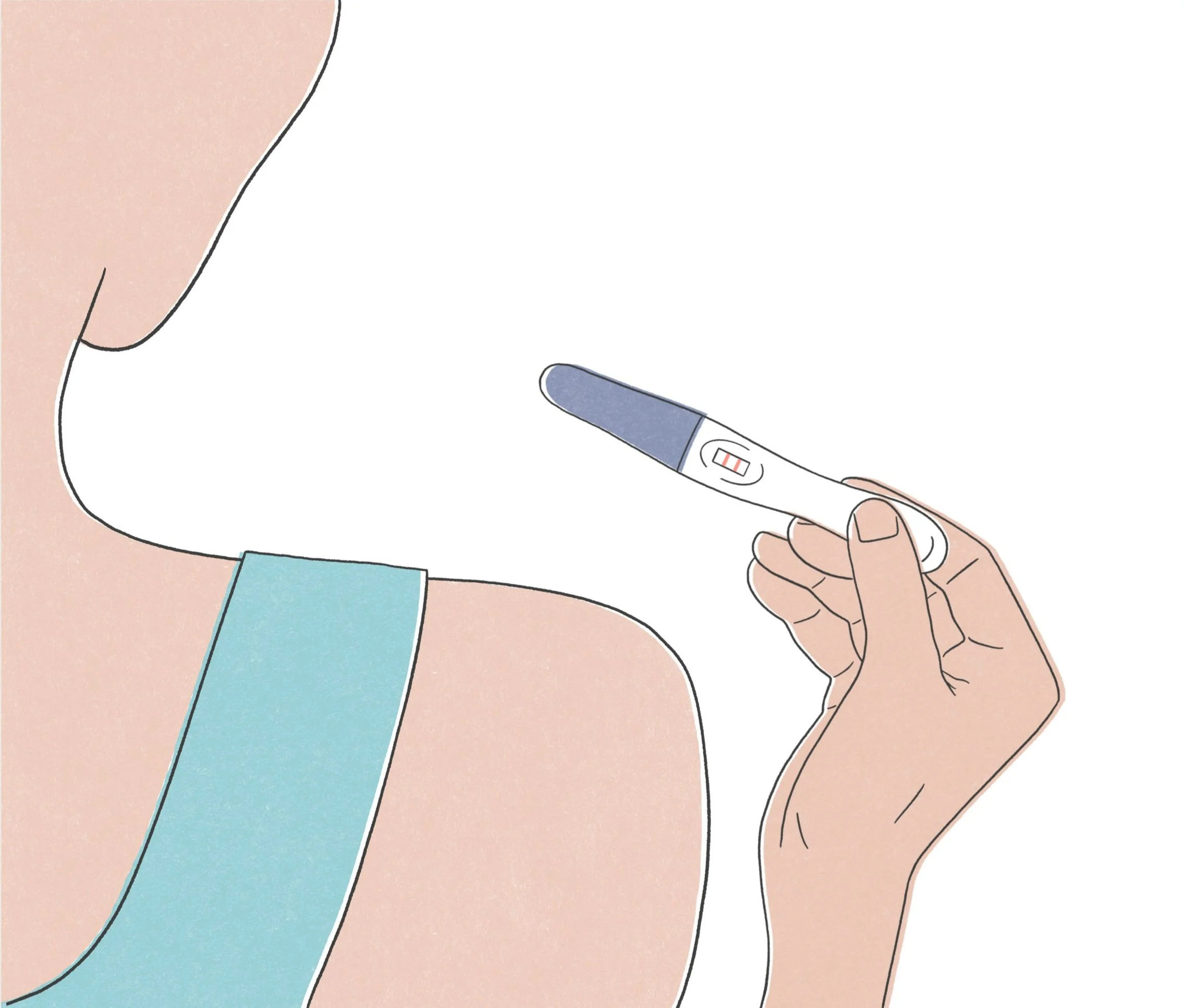 Abgebildet ist eine Person, die einen posiitven Schwangerschaftstest in der Hand hält. Als Betrachter*in blickt man ihr sozusagen über die Schulter, sie trägt ein blaues Top und hat den Test in der rechten Hand.