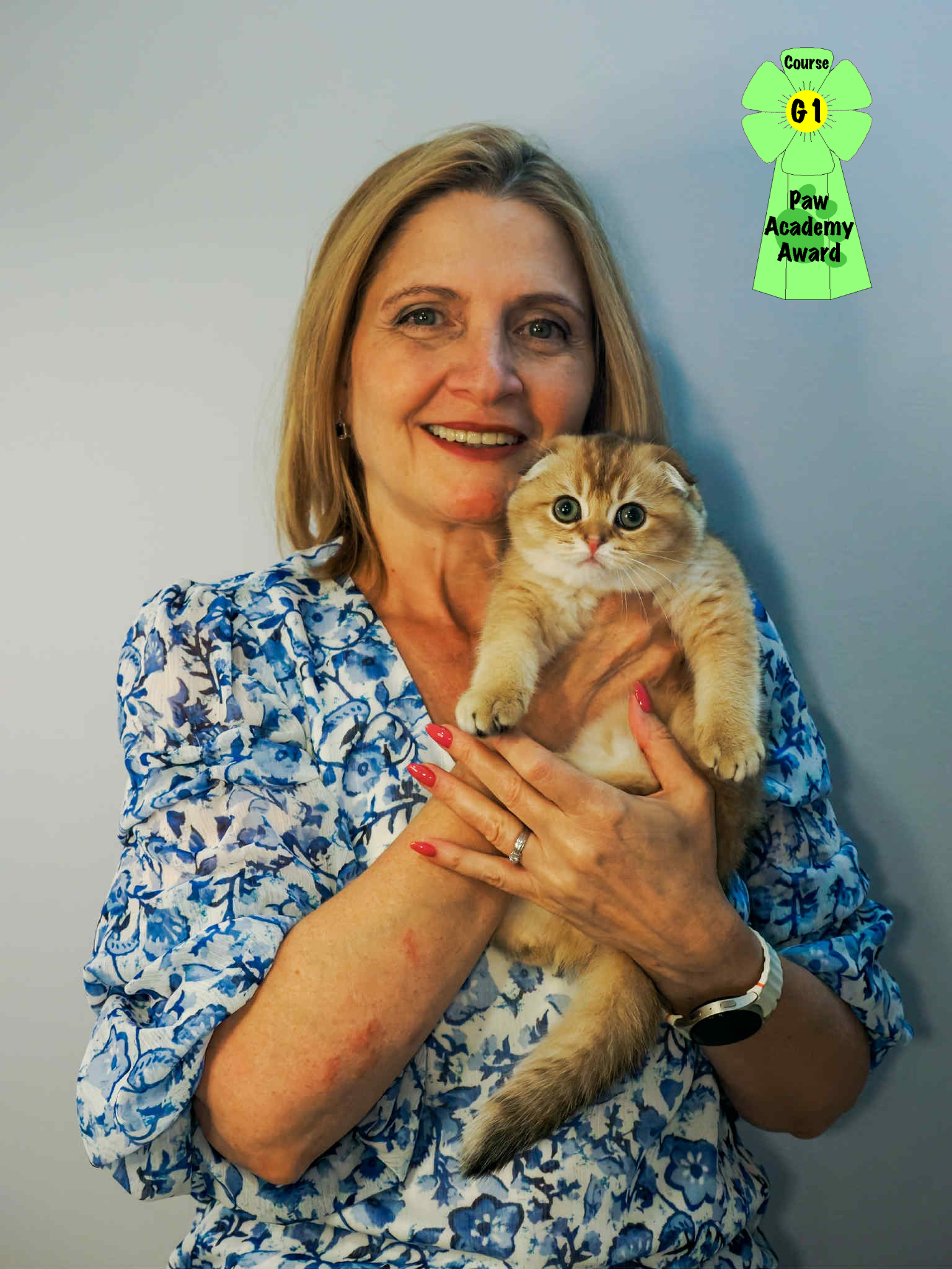 PurrfectlyFold breeder, Tanya, holding scottish fold black golden shaded kitten