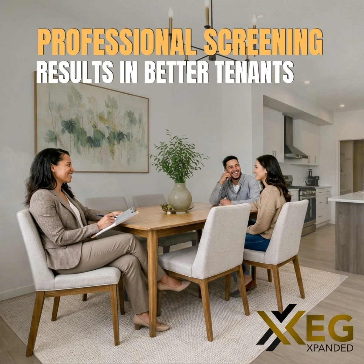 A professional property manager reviews a lease agreement with a prospective tenant in a modern Edmonton office, representing expert tenant screening services by YEG Xpanded.
