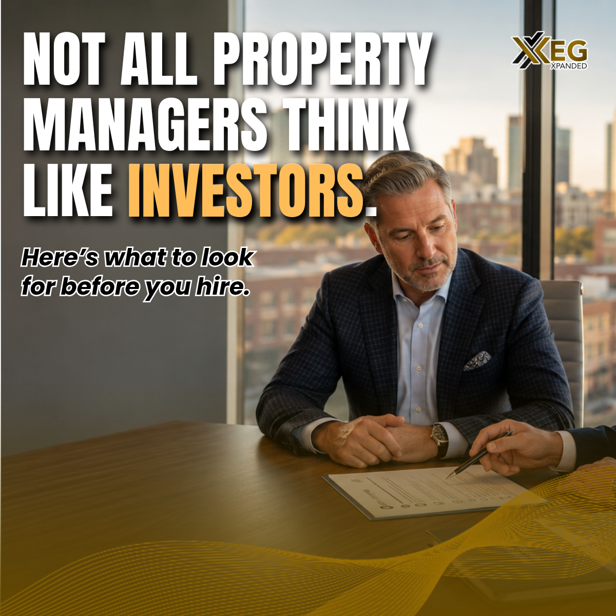 An Edmonton real estate investor reviews a property management checklist with a YEG Xpanded manager at a professional office table, representing investor-focused rental portfolio management services.