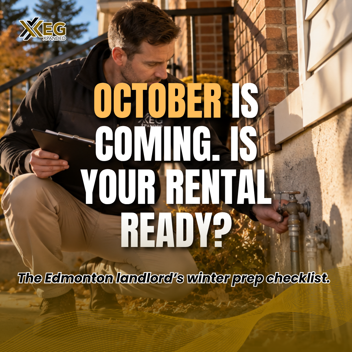 A YEG Xpanded property manager conducts a fall exterior inspection at an Edmonton rental property surrounded by autumn elm trees, representing winter rental preparation services for Alberta landlords.