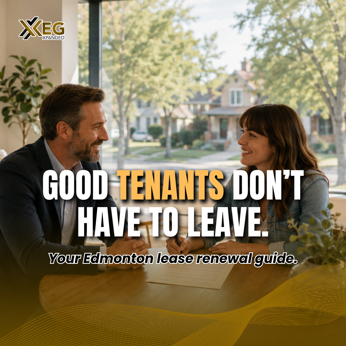A YEG Xpanded property manager and tenant review a lease renewal agreement at a table in a bright Edmonton apartment, representing professional lease renewal and tenant retention services.