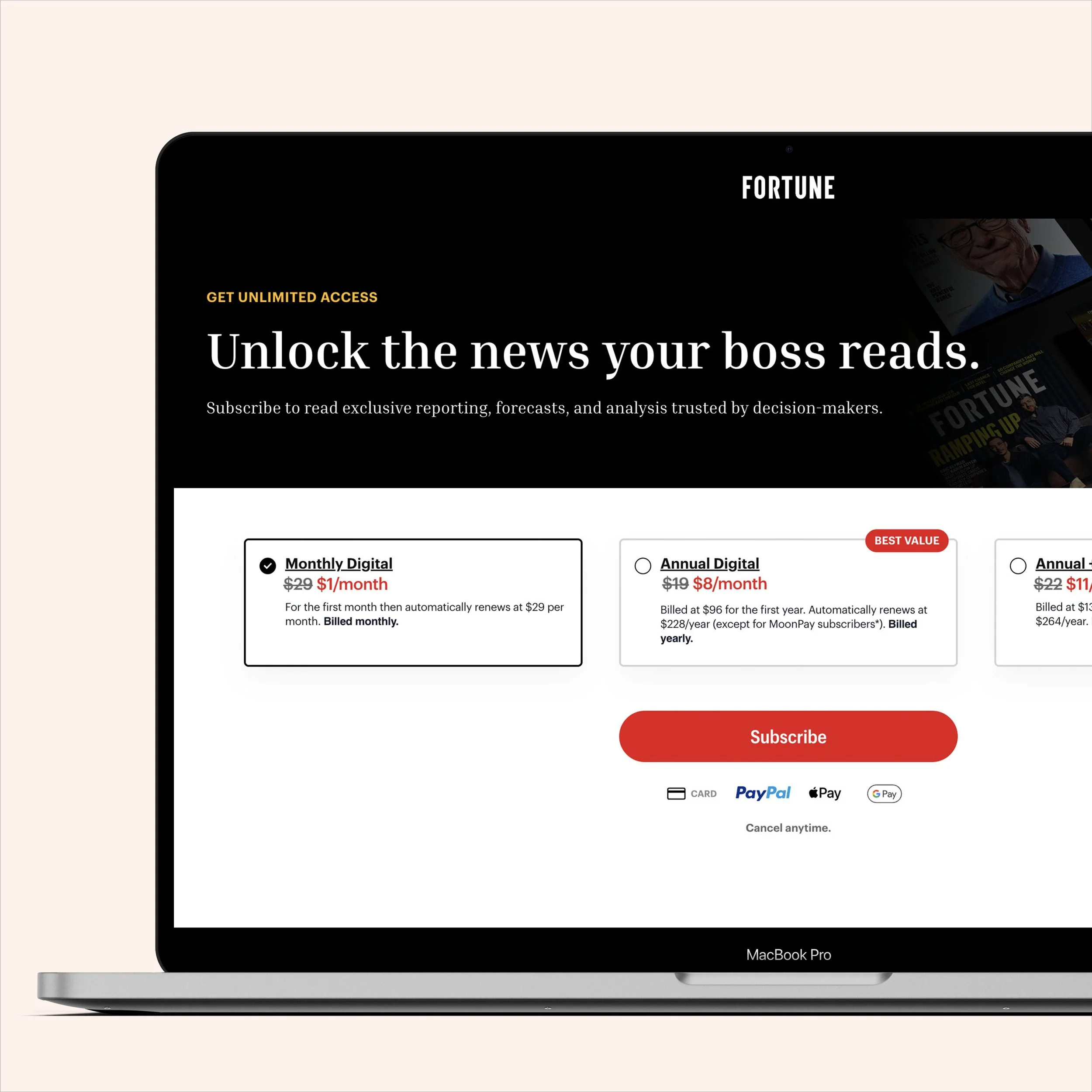 Fortune.com Subscriptions Page Redesign