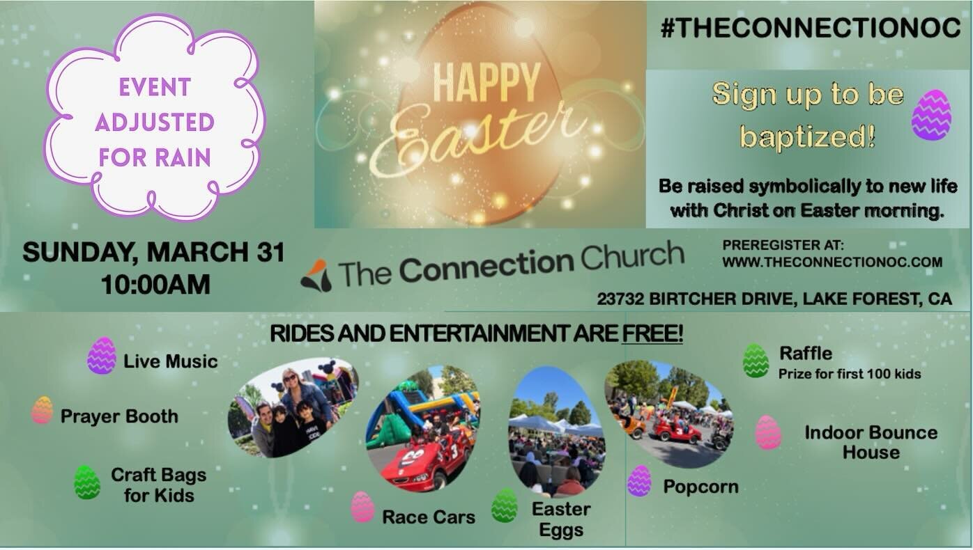 With rain in the forecast, the Easter Celebration has been modified. We&rsquo;ve moved things around and will hold the service indoors, with most of the fun to follow as planned.

A family fun event, planned with the entire family in mind. Take a pic