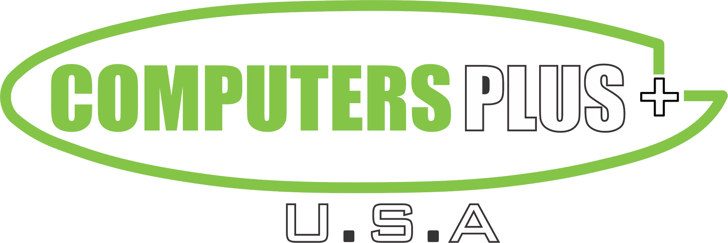 Logo for Computers Plus U.S.A., featuring green and black text inside an oval outline