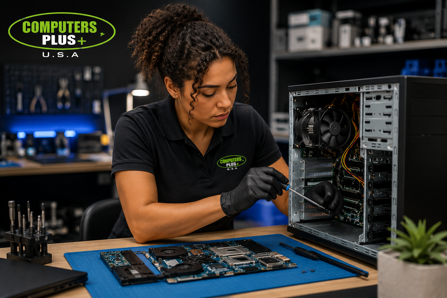 Woman assembling a computer at a workbench, with computer components laid out in front of her, inside a tech repair shop.