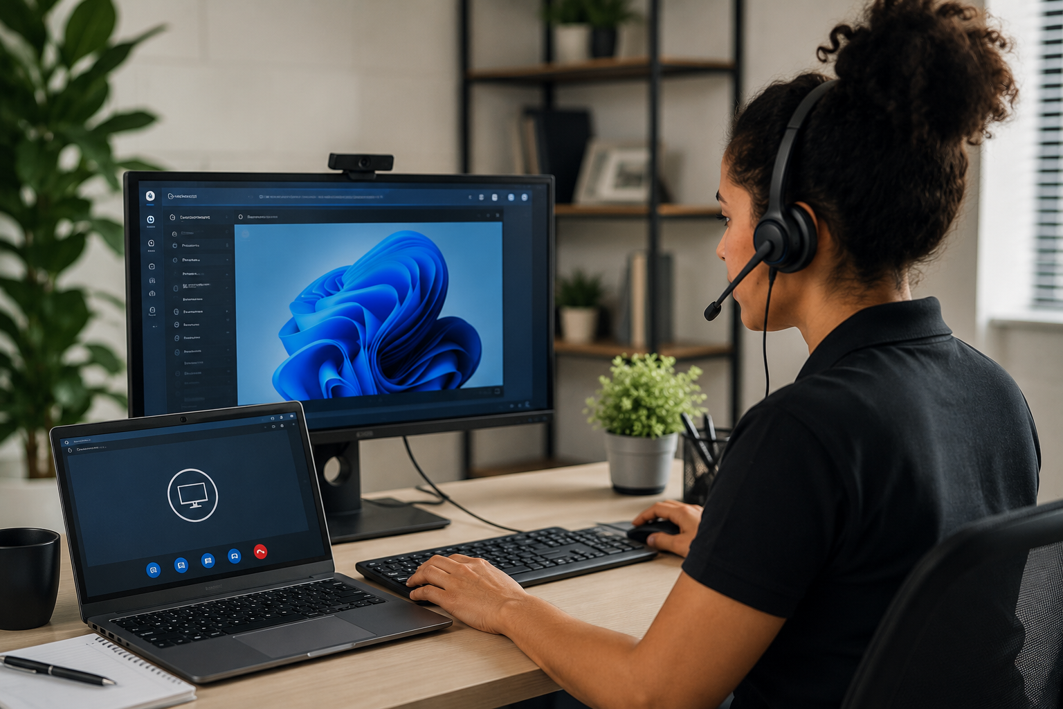 A woman wearing a headset works on a computer in an office, with a large monitor displaying the Windows 11 logo, and a laptop showing a video call interface.