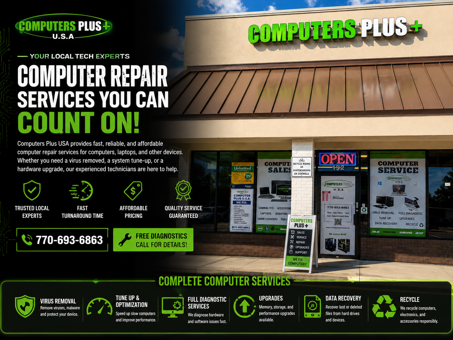 Sign outside a computer repair shop named Computers Plus with advertisements for services like virus removal, diagnostics, upgrades, data recovery, and recycling. The storefront displays an open sign and a sidewalk sign promoting services. The overall theme is green and black.