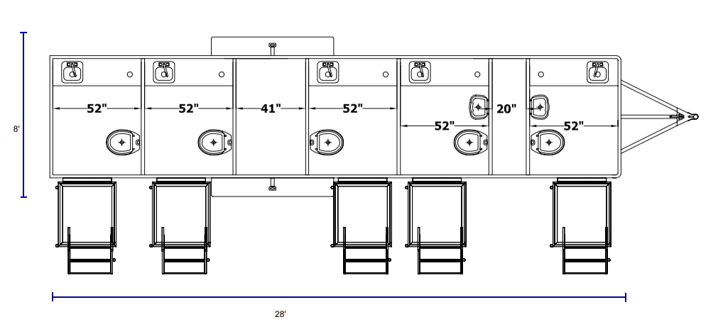Floor plan for a row of portable toilets, 6 units in total, each with different widths, accessed by stairs, on a 28-foot long trailer with an 8-foot height.