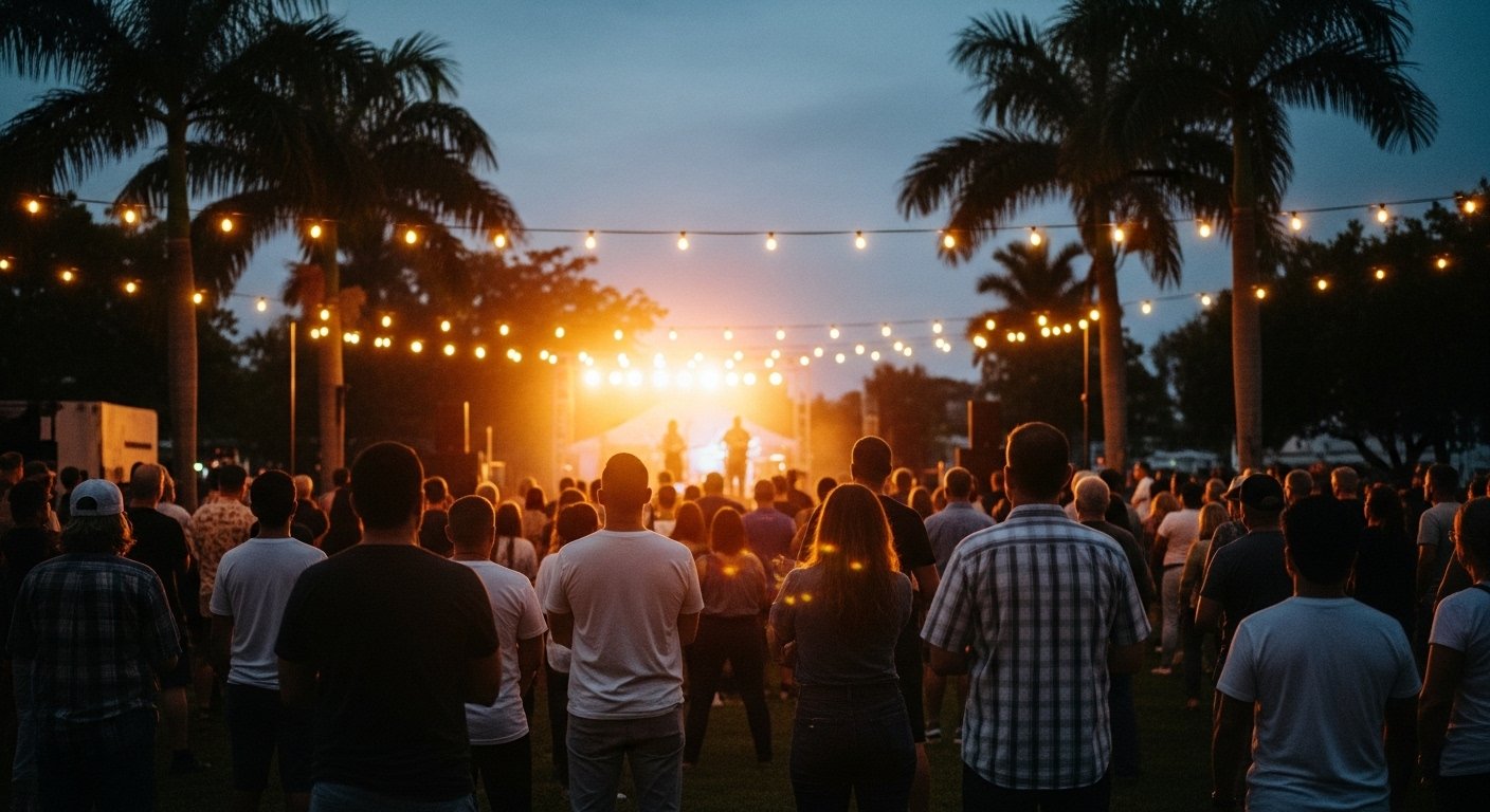 People gathered outdoors at sunset watching a live music performance under string lights, with tall palm trees in the background.