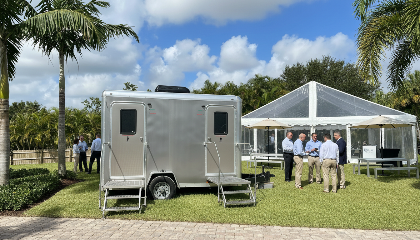A food truck trailer parked on grass near a white event tent with people gathered outside at an outdoor gathering on a bright, sunny day with blue sky and clouds. Palms and lush greenery surround the scene.