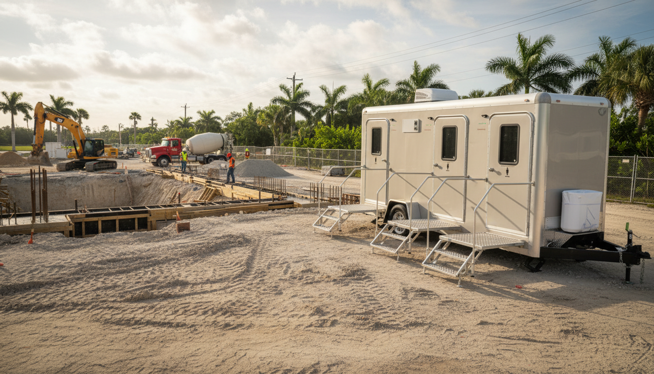 Construction site with a concrete trailer in the foreground, construction workers, excavator, and cement mixer truck in the background, and palm trees in the distance.