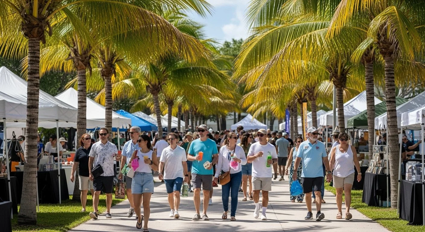 People walking in an outdoor market lined with palm trees and vendor tents.