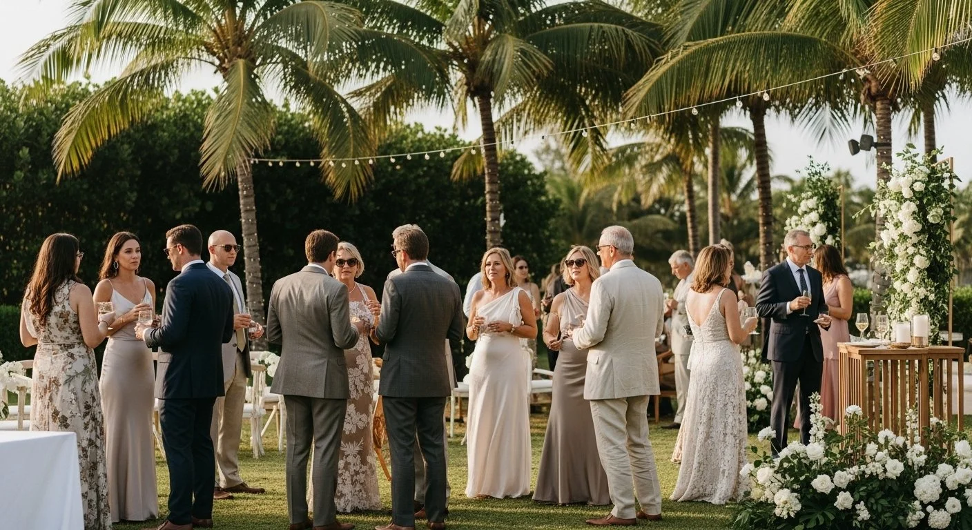 Guests in formal attire at an outdoor wedding reception under palm trees with string lights and floral arrangements.