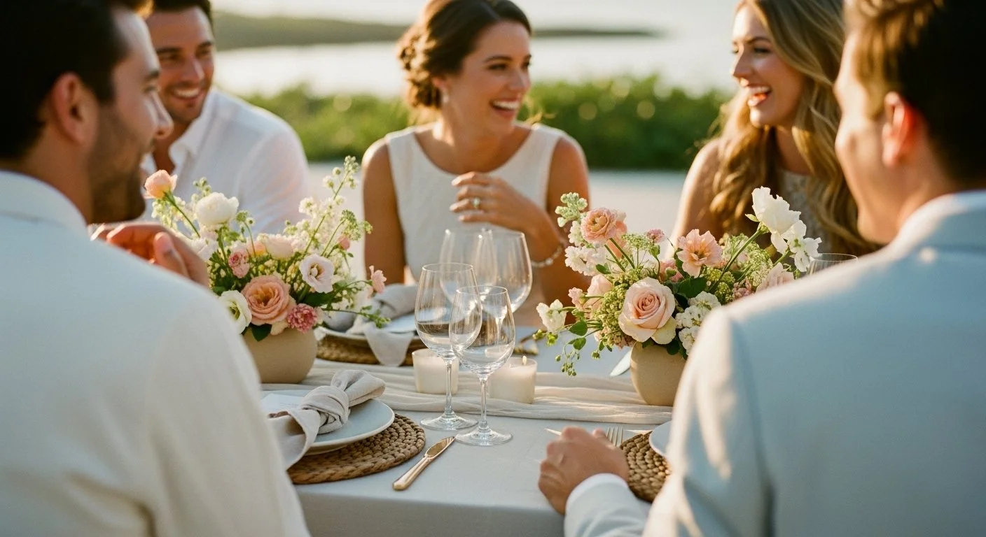 Group of people having dinner at a lakeside outdoor gathering, smiling and talking, with pink and white floral centerpieces and lit candles on the table.