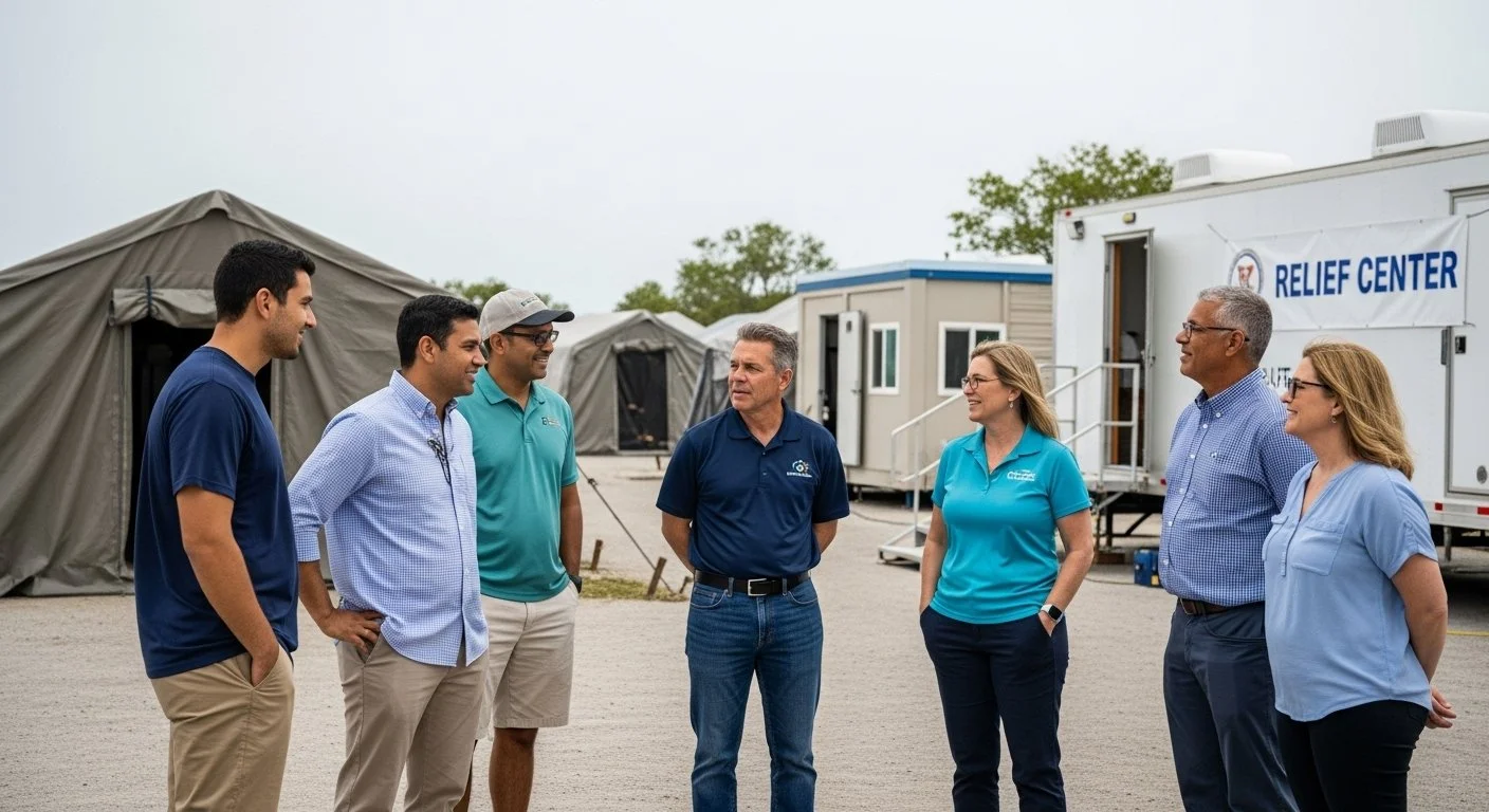 Group of people standing outdoors on a cloudy day, engaged in conversation near relief tents and a relief center trailer.