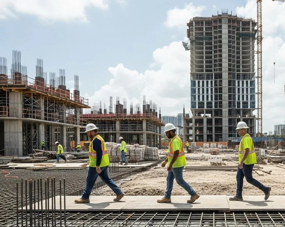 Construction site with workers in safety vests and helmets walking on a pathway, surrounded by building structures and scaffolding.