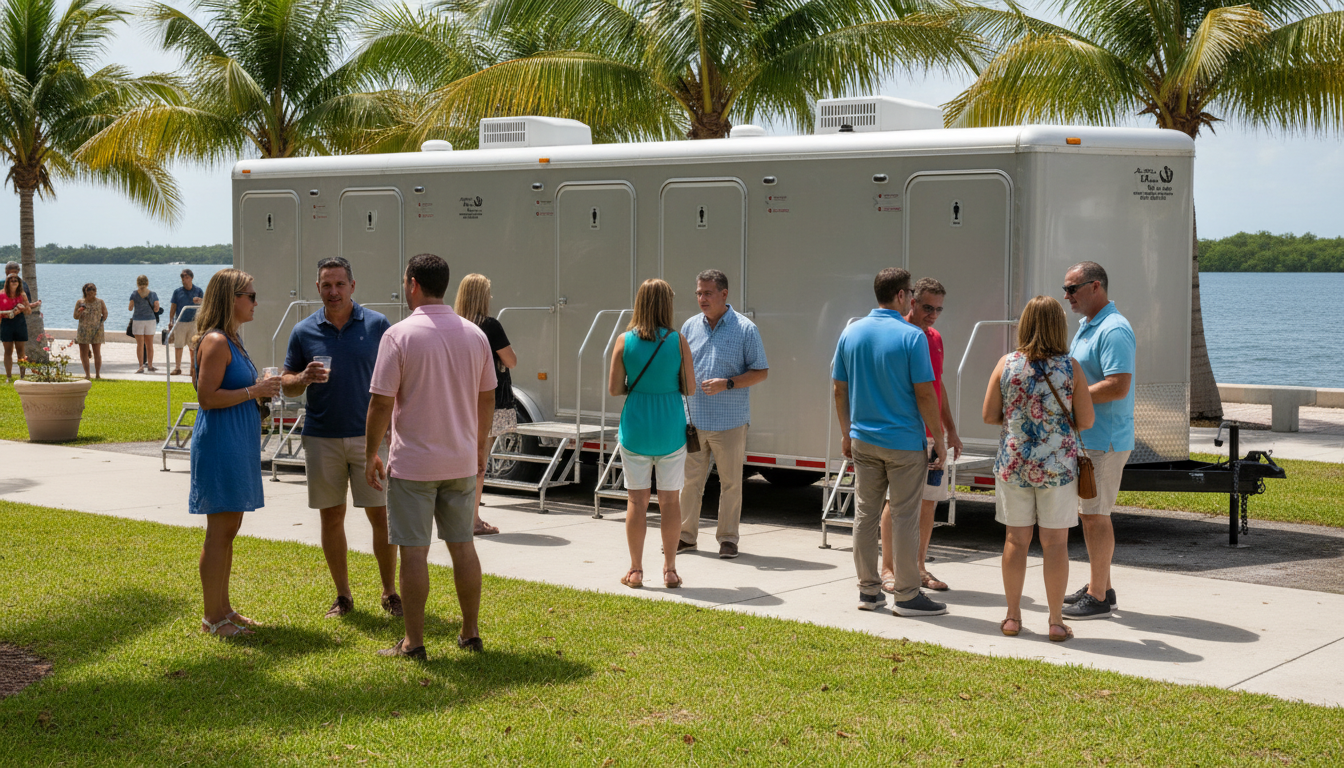 Group of people socializing outdoors near a trailer with palm trees in the background