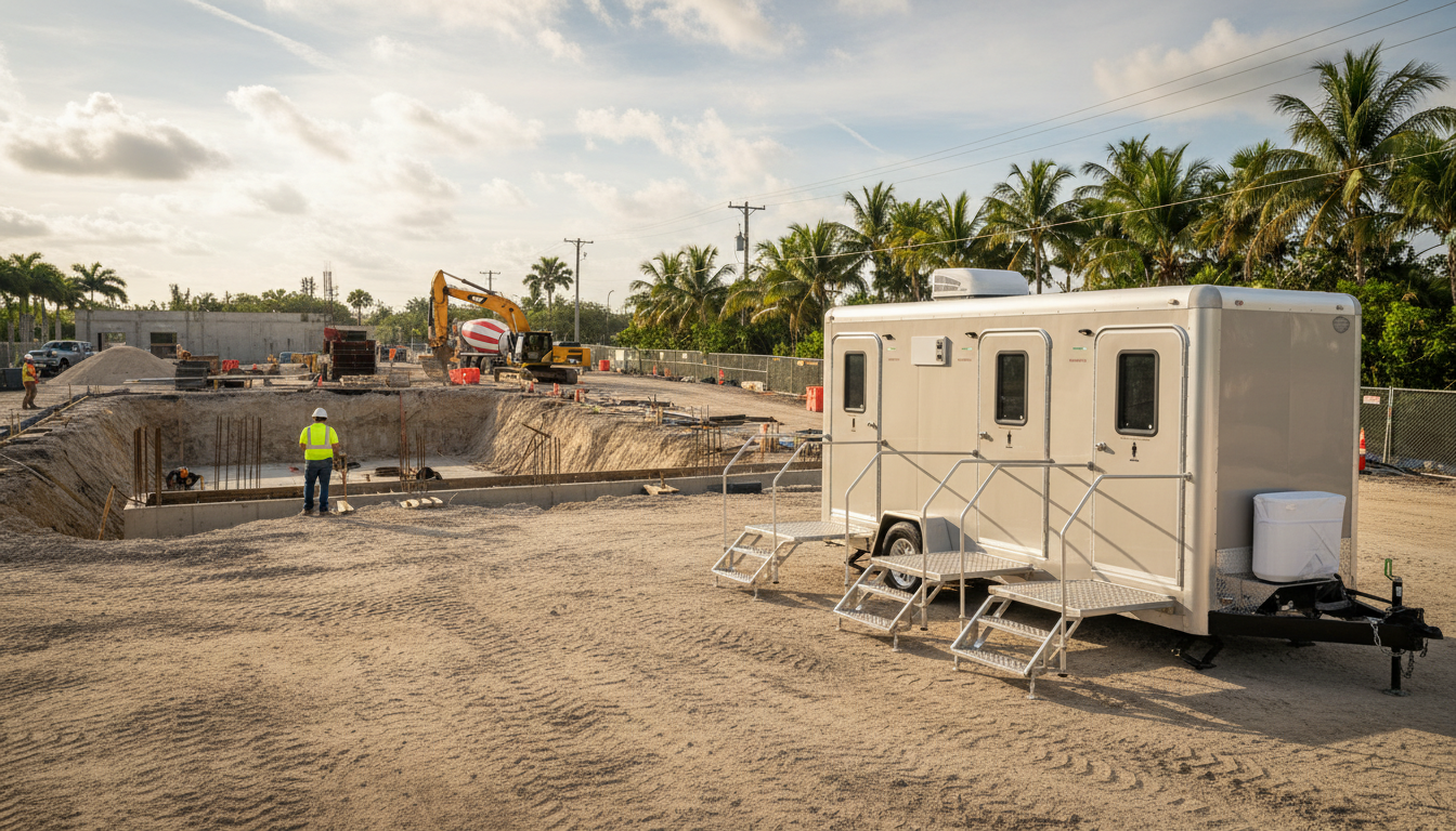 Construction site with workers, heavy machinery, and a mobile office trailer surrounded by sand and palm trees in the background.