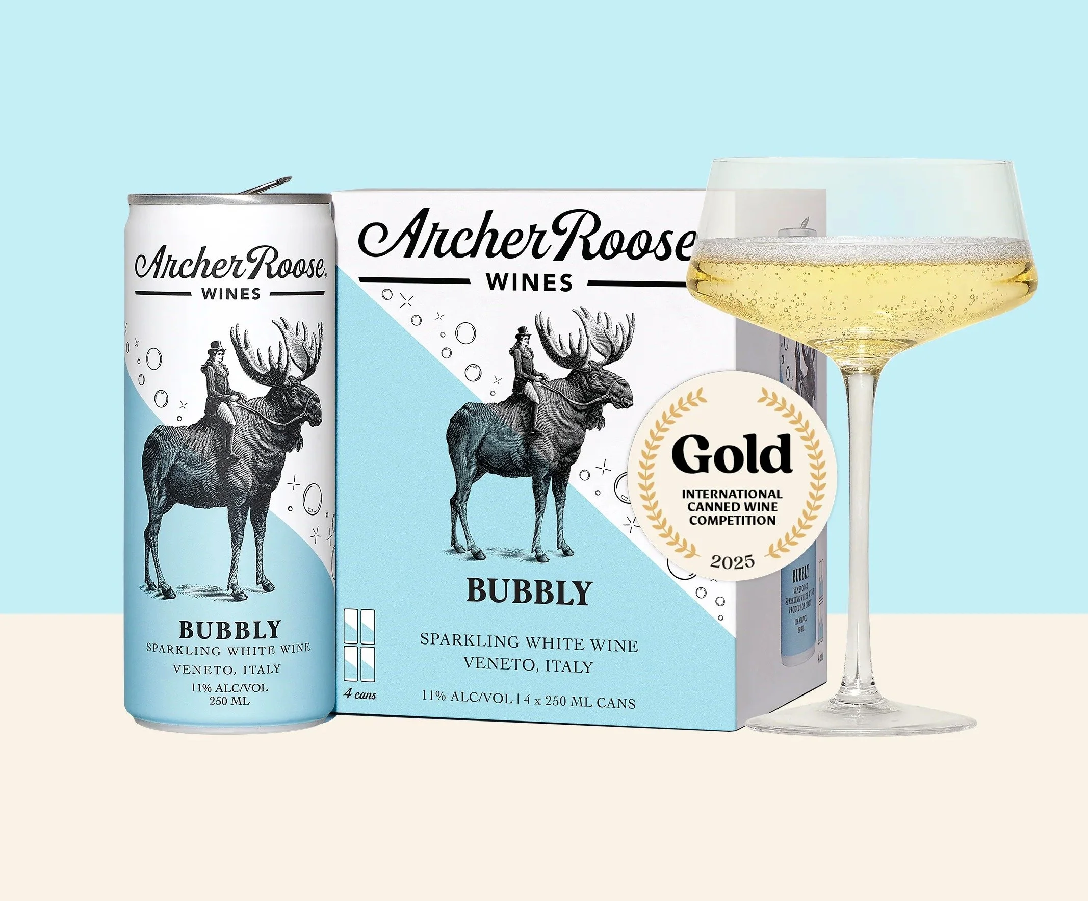 Archer Roose Bubbly sparkling wine can, packaging and glass with a 2025 gold award badge.