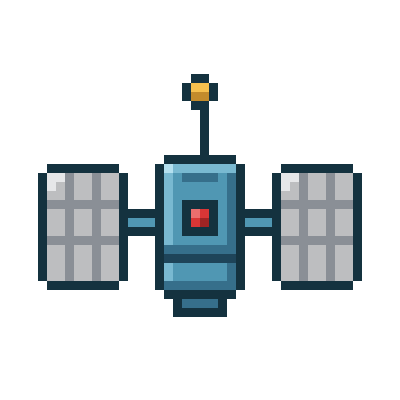 Pixel art depiction of a robot with a central blue body, two large gray arms, a single antenna with a yellow tip, and a red button on its front, set against a pink background.