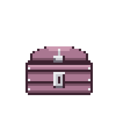 Pixel art of a pink treasure chest with a silver lock and glow at the top