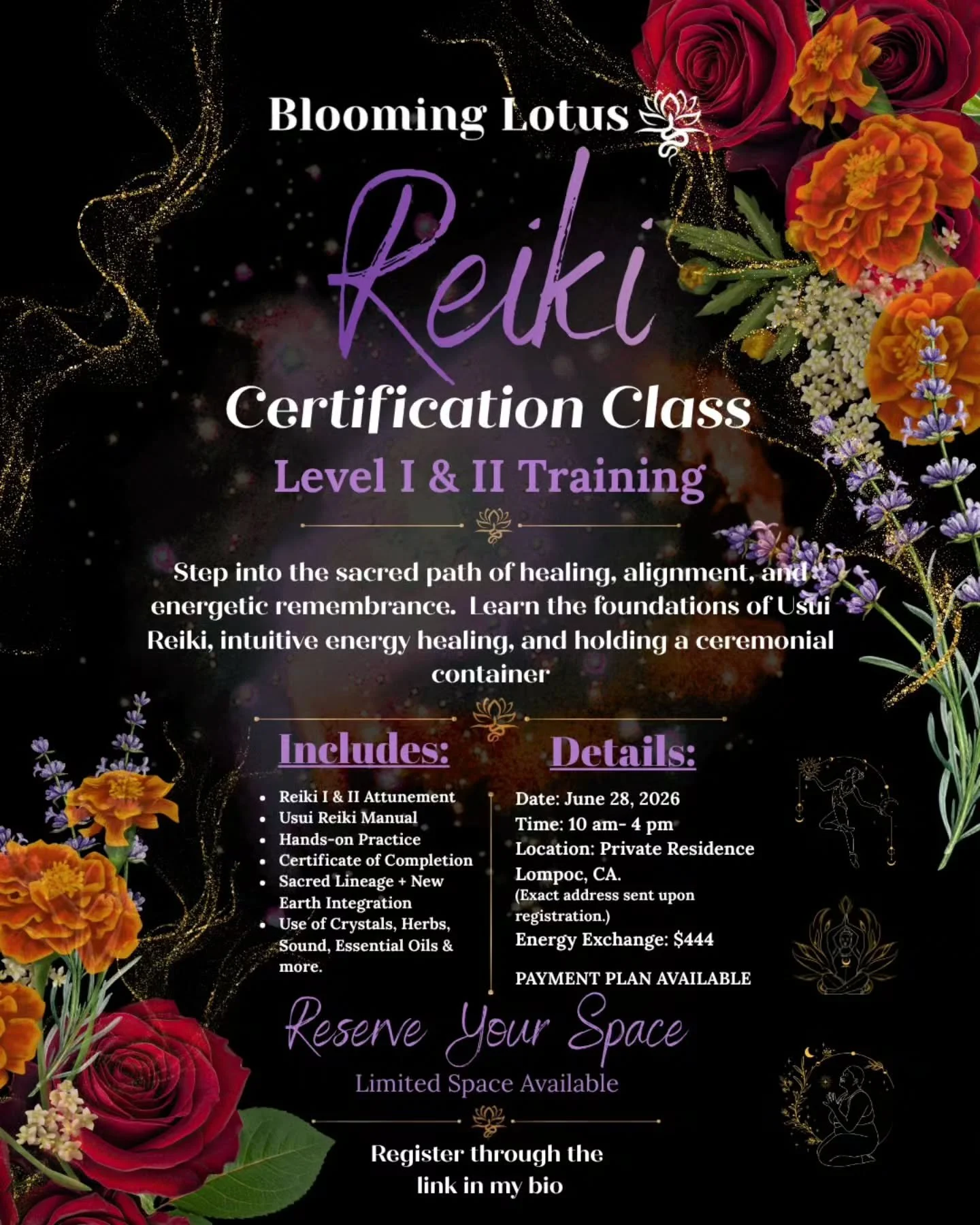 ✨ Reiki Level I &amp; II Certification Class ✨

There is a healer within you that already knows.

There is a part of your spirit that remembers how to work with energy, hold sacred space, and become a clear channel for healing, alignment, and divine 