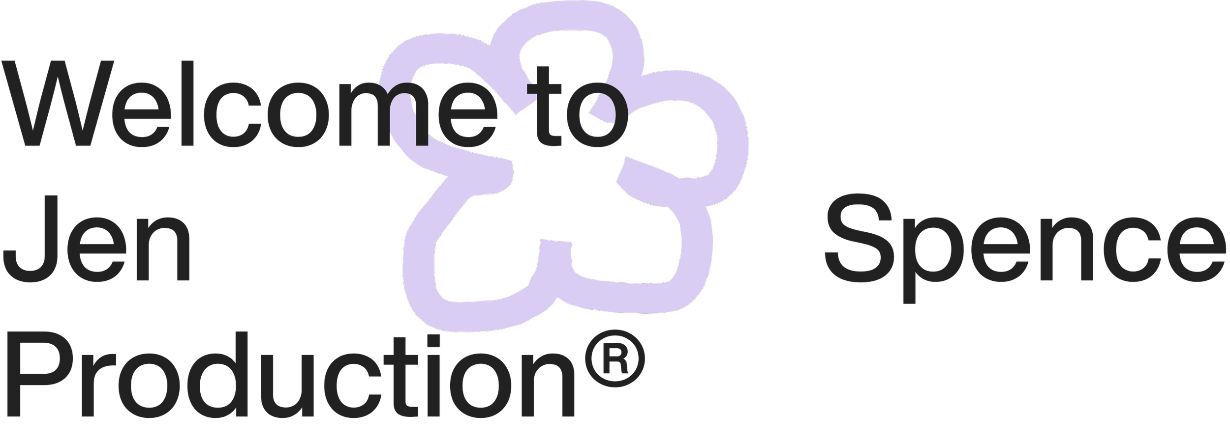 A graphic with the words 'Welcome to Jen Spence Production' and a stylized flower logo in shades of purple and black.
