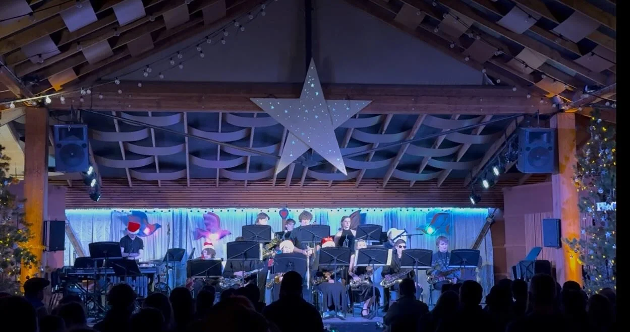 Had the pleasure of watching the Erie High Jazz Band tonight at @planet.bluegrass in Lyons.  So fun, and such a beautiful venue.  The wildflower pavilion was aglow in holiday lights, and the music was tops, as always! 
.
.
.
#jazz #highschool #band