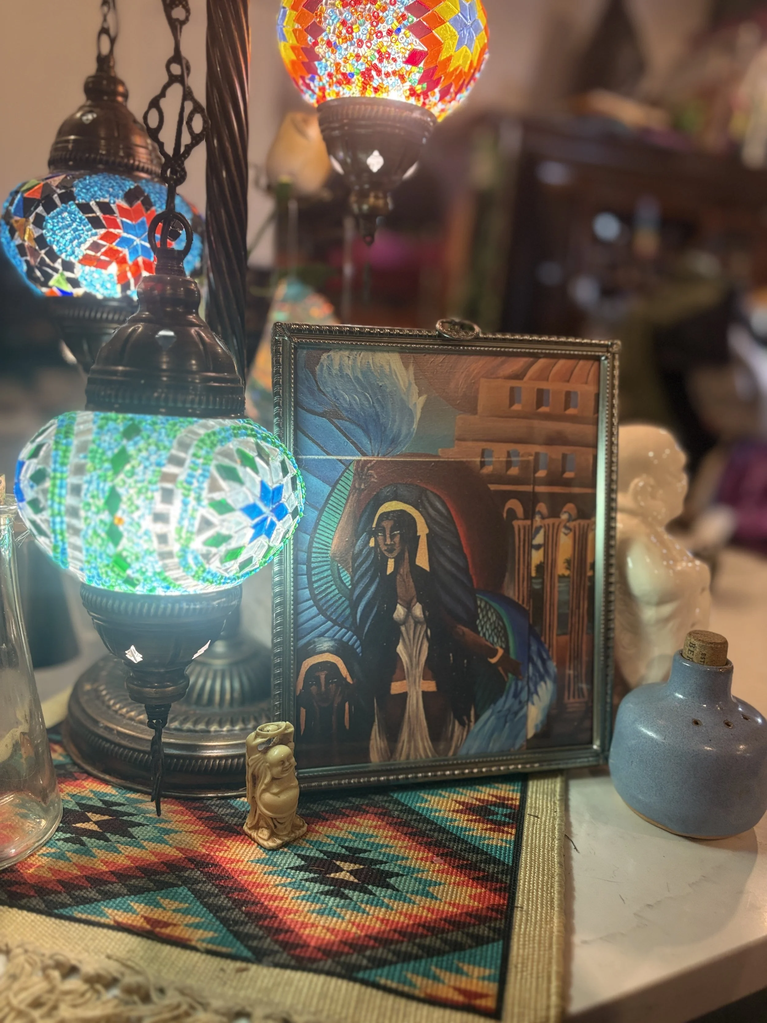 Temple Guardian framed archival art print by Sea The Spirit featuring a spiritual feminine figure with wings standing before sacred temple architecture