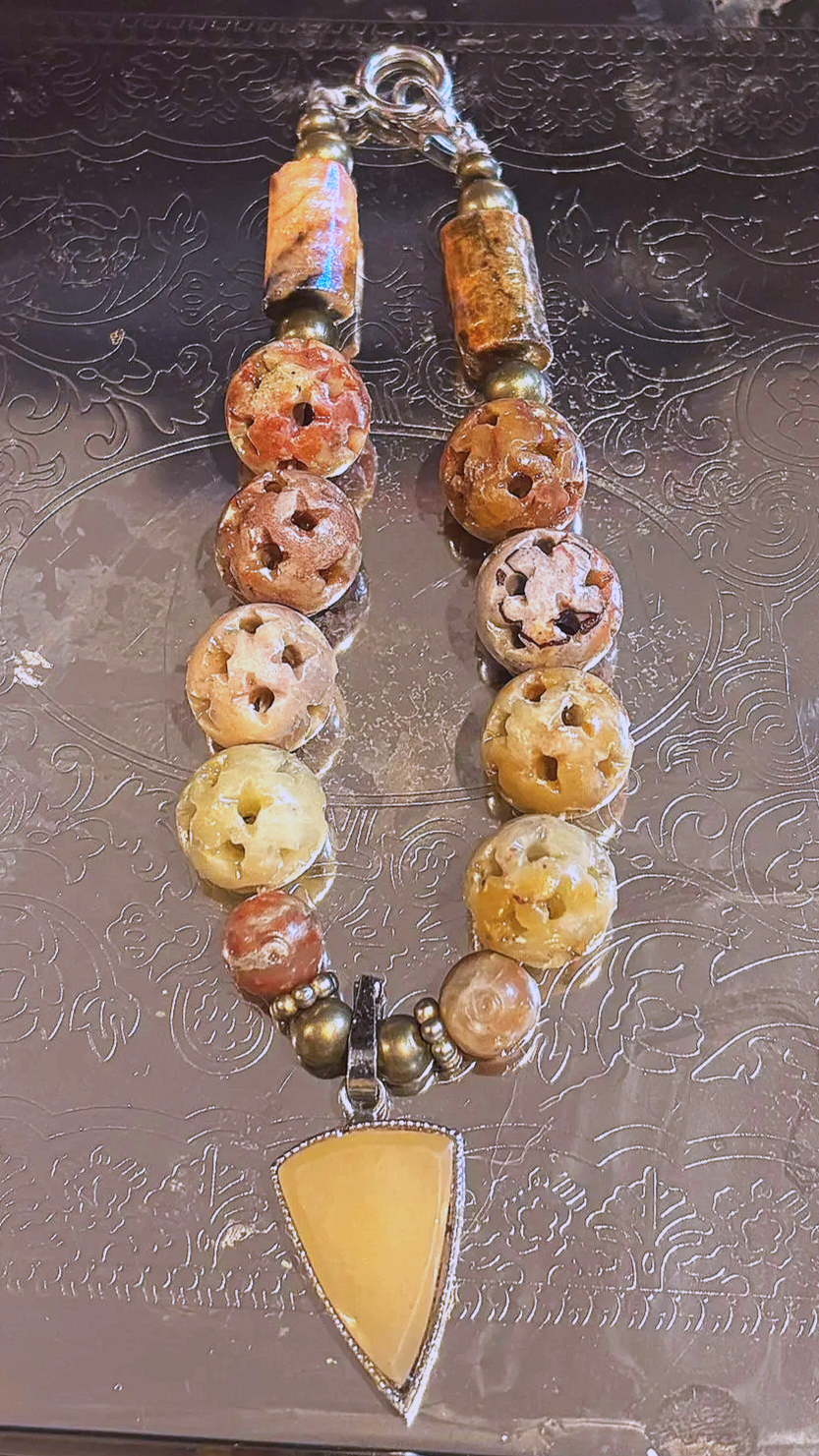 Earth stone beaded bracelet with neutral tones and pendant handmade boho healing jewelry