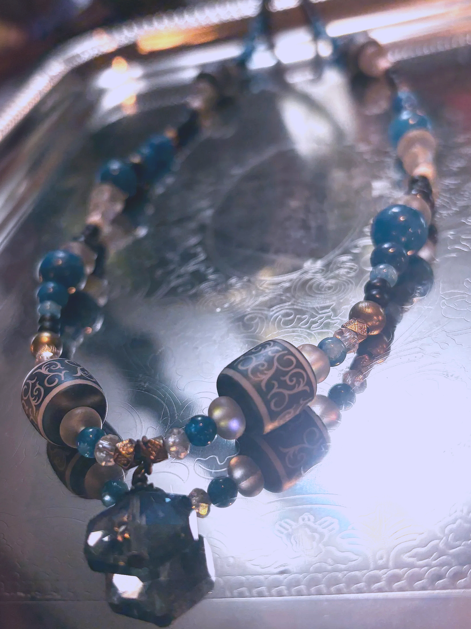 Celestial scarab necklace with blue stones and crystal pendant handmade spiritual boho jewelry