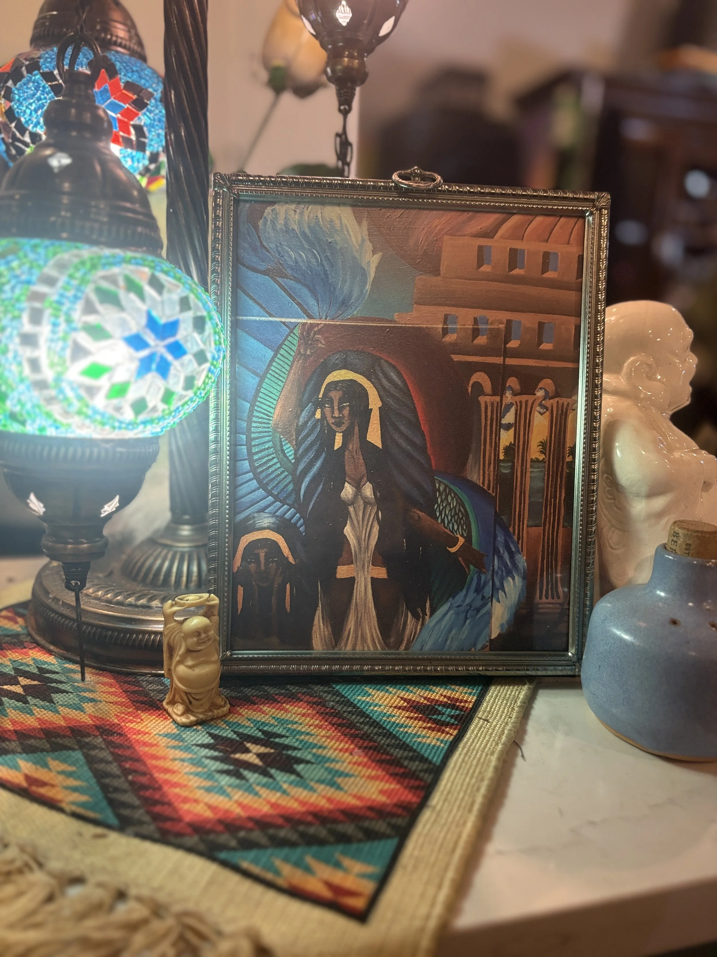 Temple Guardian framed archival art print by Sea The Spirit featuring a spiritual feminine figure with wings standing before sacred temple architecture