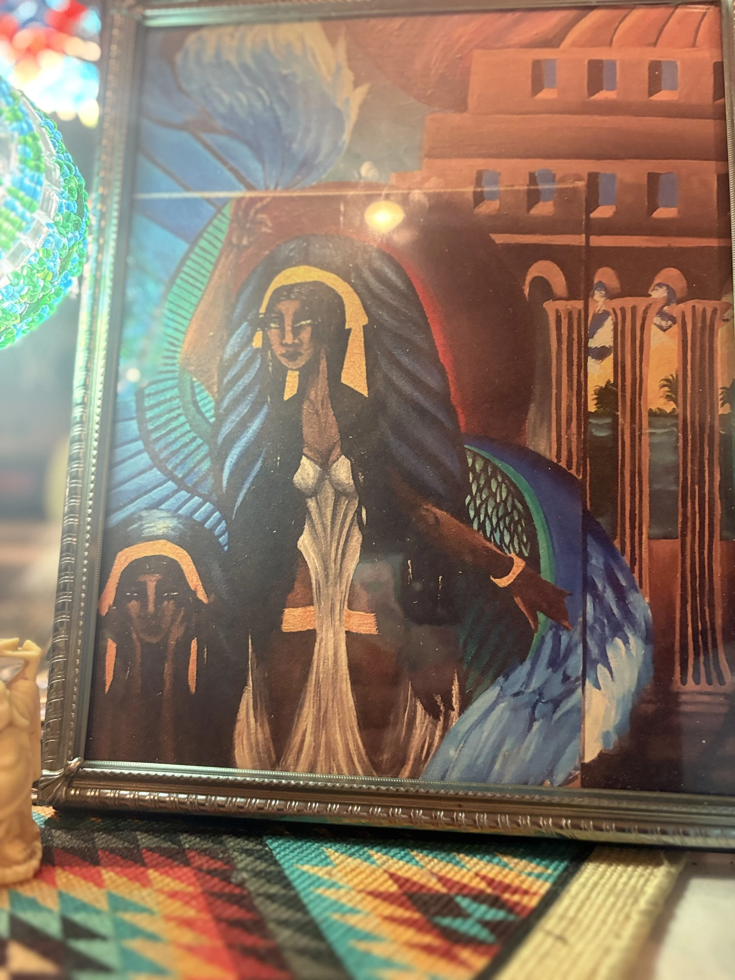 Temple Guardian framed archival art print by Sea The Spirit featuring a spiritual feminine figure with wings standing before sacred temple architecture