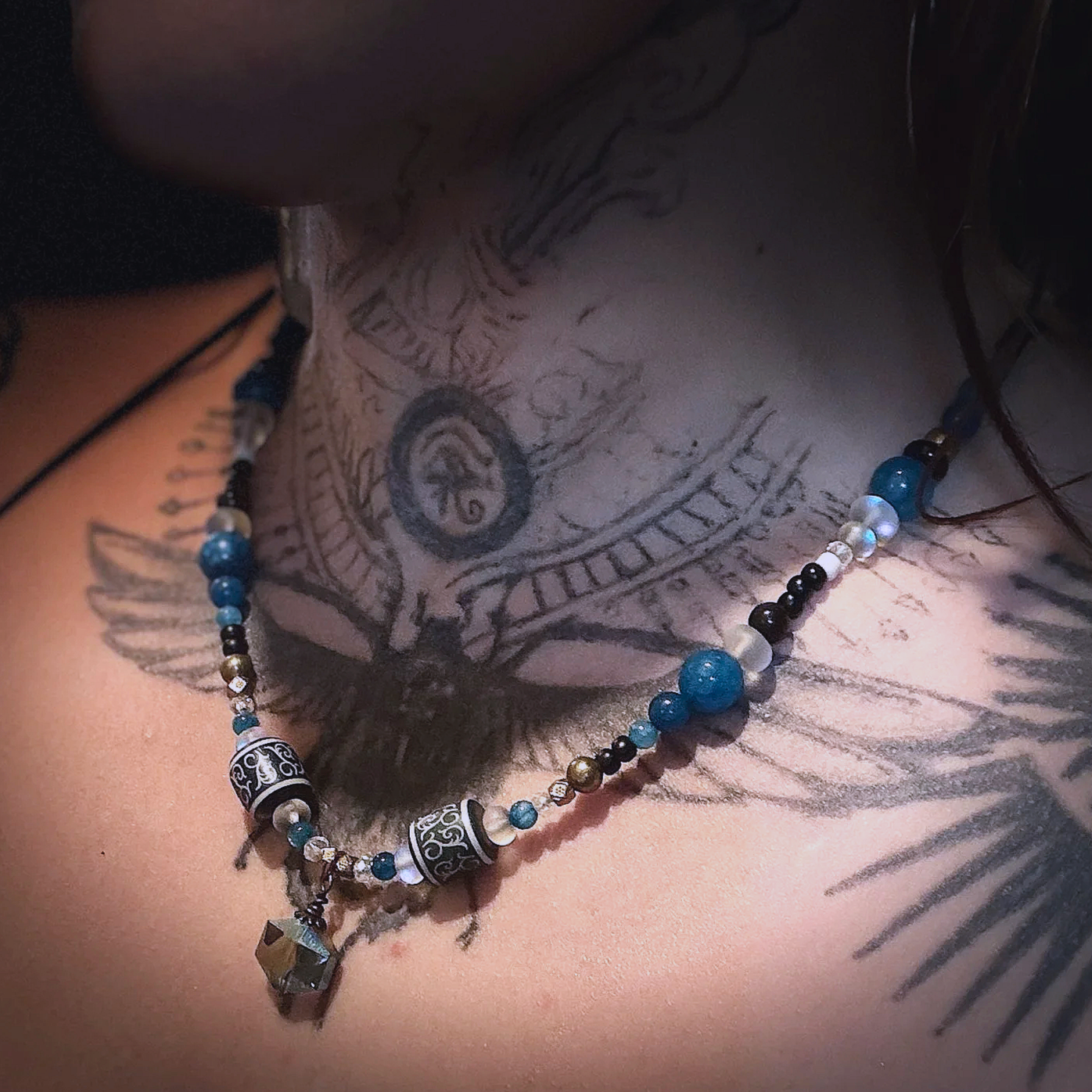 Celestial scarab necklace with blue stones and crystal pendant handmade spiritual boho jewelry