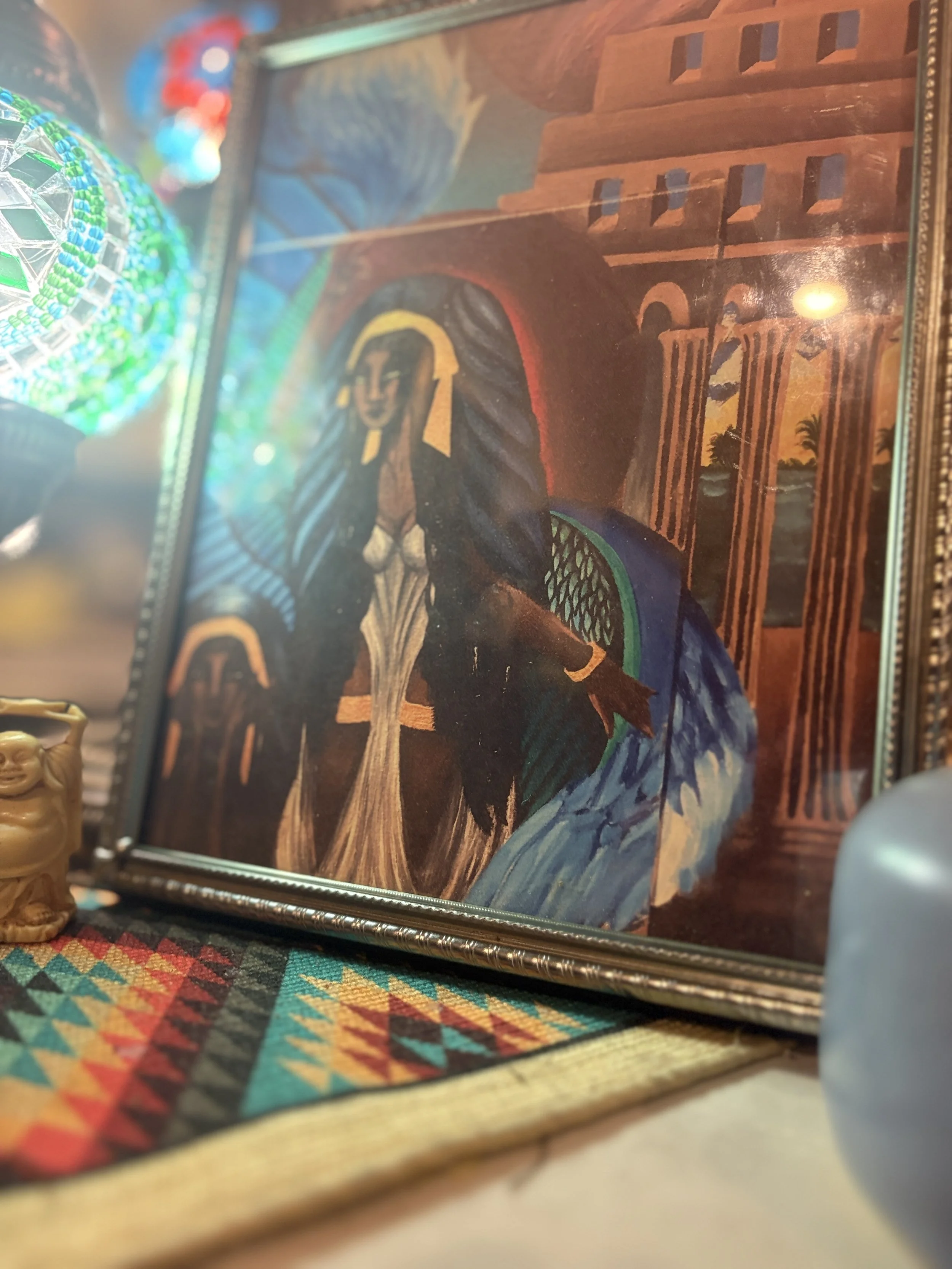 Temple Guardian framed archival art print by Sea The Spirit featuring a spiritual feminine figure with wings standing before sacred temple architecture