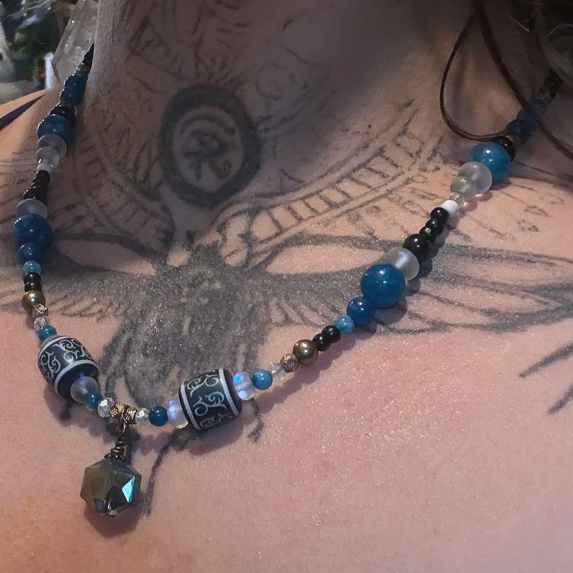 Celestial scarab necklace with blue stones and crystal pendant handmade spiritual boho jewelry