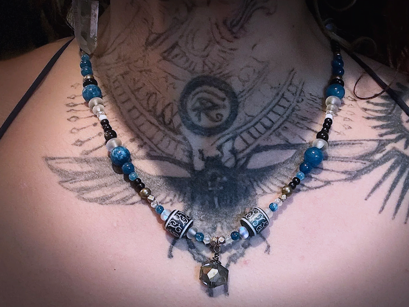 Celestial Crystal Necklace — Blue Stone Spiritual Jewelry Statement Piece