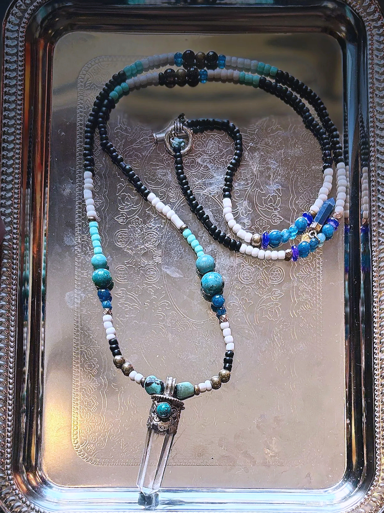 Tibetan Quartz Turquoise Necklace — Boho Healing Crystal Jewelry Brass Bell Pendant