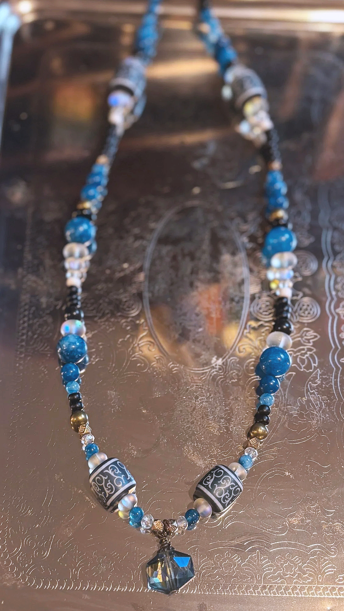 Celestial scarab necklace with blue stones and crystal pendant handmade spiritual boho jewelry