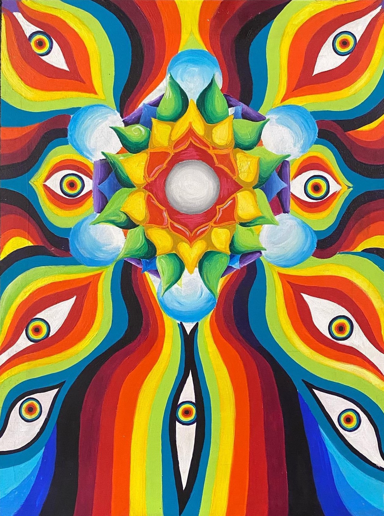 Abstract psychedelic artwork featuring colorful patterns and eye motifs.