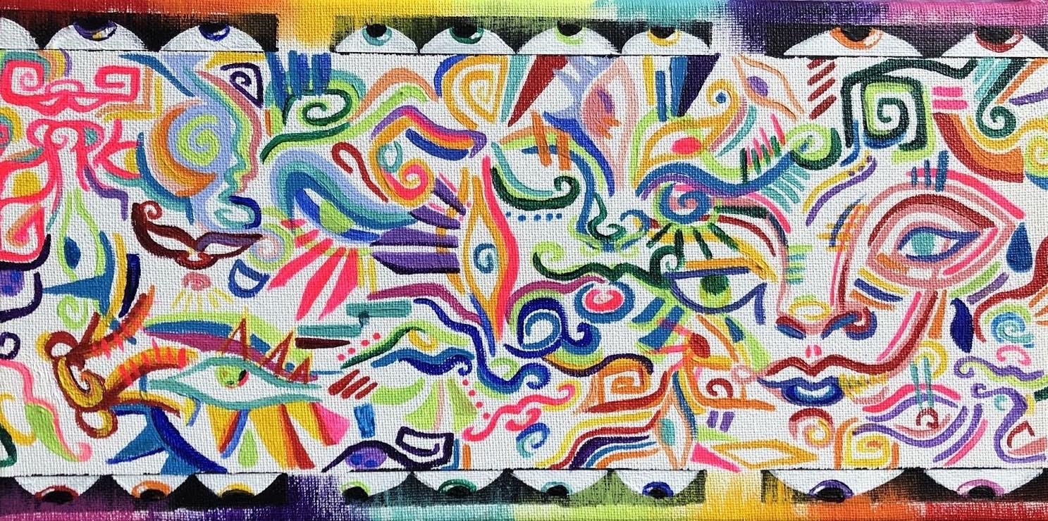 Colorful abstract painting with swirling patterns and eyes