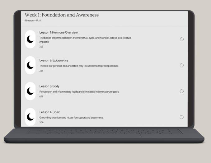Laptop screen displaying a course titled 'Week 1: Foundation and Awareness' with four lessons: Hormone Overview, Epigenetics, Body, and Spirit.